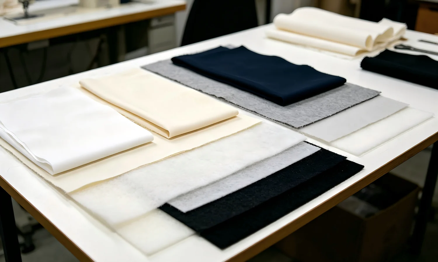工作台上的服装里料、衬布及结构材料样品。